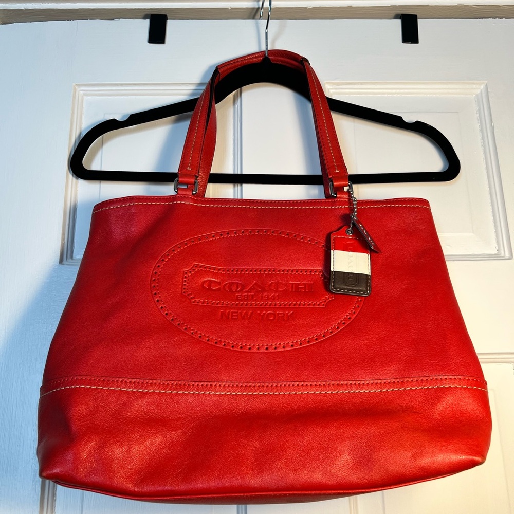 Coach Red Leather Tote with Embossed Oval Logo and Hang Tag